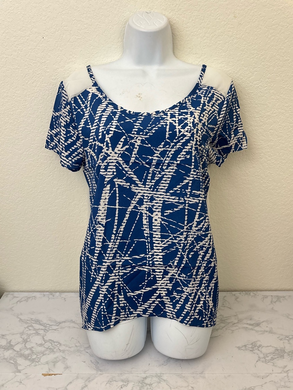 L.O.T. Apparel Y2K Pullover Strappy Top Womens M Blue White semi Sheer Blouse